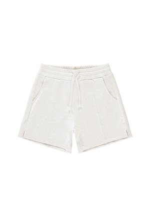 Lichtgrijze sportshorts van zacht materiaal. Heeft een elastische tailleband, een trekkoord, twee zijzakken en zijsplitten voor bewegingsvrijheid.