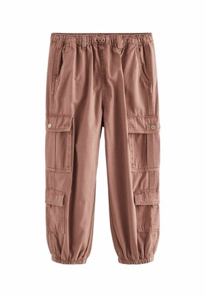Pantaloni cargo rosa chiaro con cintura elastica, numerose tasche laterali e polsini elasticizzati alle caviglie, realizzati in un tessuto morbido e resistente.