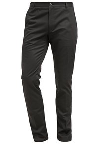 Svarta dressbyxor i slätt tyg, med raka ben, framfickor och en enda knappstängning vid midjan.