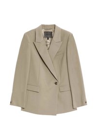 Blazer beige de botón único con solapas anchas, dos bolsillos frontales con solapa y un bolsillo de pechera, con un forro interior estampado.