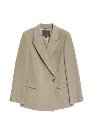 Beige ens knapp blazer med breda slag, två främre fickor med flik och en bröstficka, med ett mönstrat innertyg.