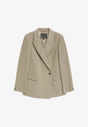 Beige blazer met één knoop en brede revers, twee voorste klepzakken en een borstzakje, met een patroon in de binnenvoering.