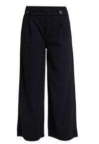 Pantalon noir à jambes larges avec un devant plissé, deux boutons décoratifs à la taille, et une texture de tissu lisse.