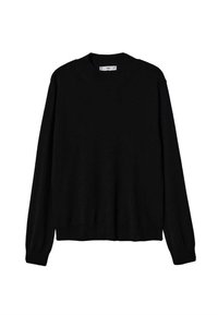 Black knit sweater with long sleeves, crew neck, and ribbed cuffs and hem. Smooth texture, simple design, suitable for casual wear.