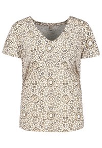 Camiseta de manga corta con cuello en V en crema claro, con un detallado patrón floral marrón y acentos geométricos, y un corte relajado.