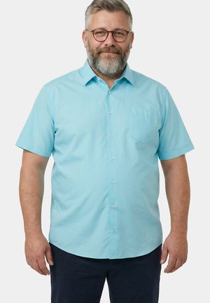 Mittelalter Mann mit grauem Bart und Brille, der ein hellblaues Kurzarmhemd mit Knöpfen und dunkle Hose trägt, vor weißem Hintergrund stehend.