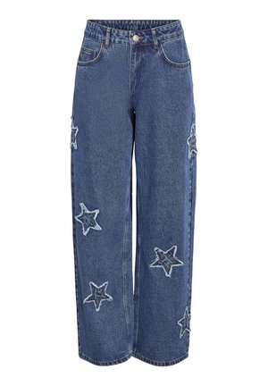 Džínsy s širokými nohavicami v tmavomodrej farbe s veľkými vyšitými bielymi hviezdami na prednej strane. Klasický dizajn s piatimi vreckami a zapínaním na gombík.