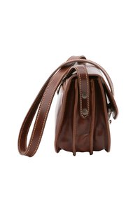 Borsa a mano in pelle marrone con forma strutturata, caratterizzata da cuciture a contrasto, una singola tracolla e chiusura a pressione.