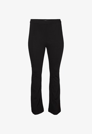 Schwarze, enganliegende Hose aus dehnbarem Material, mit einfachem Design, breitem Bund und ausgestelltem Beinabschluss für Komfort und Bewegungsfreiheit.