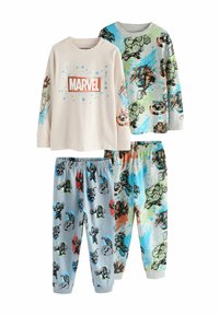 Set aus zwei Langarmoberteilen und passenden Hosen. Leichter Stoff, bedruckt mit Marvel-Charakteren in lebendigen Farben und verschiedenen grafischen Mustern.