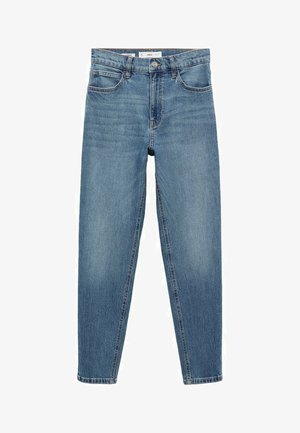 Hellblaue Denim-Jeans im Slim-Fit-Stil, mit Fünf-Taschen-Design, Knopfverschluss und subtiler Ausbleichung. Mit gestickten Details entlang der Nähte.