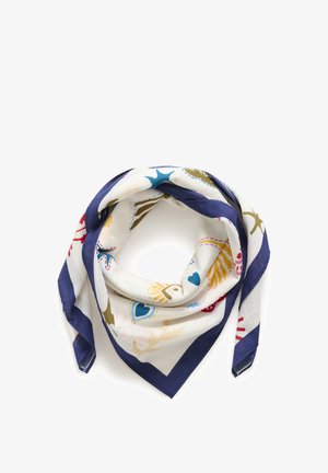 Ruudu siidist sall, millel on valge taust ja erksad mustrid koorikute ja südame kujutistega, ääristatud tumesiniste servadega.