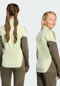 Light green athletic jacket with brown accents, featuring long sleeves and a high collar. Fabric has a smooth texture with contrasting color panels.
