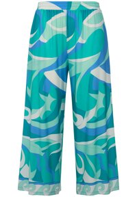 Pantalons large en nuances de turquoise et de bleu, présentant un motif de vagues fluide, une taille élastique et un tissu léger et lisse.