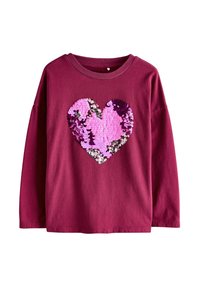Camicia a maniche lunghe in cotone bordeaux con un grande cuore di paillettes rosa e viola sul davanti. Presenta un collo rotondo e una vestibilità comoda.