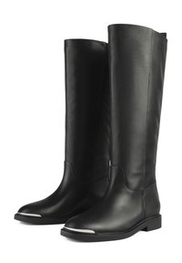 Black leather knee-high boots with a sleek, smooth finish and a low block heel. Features a metallic accent on the toe.