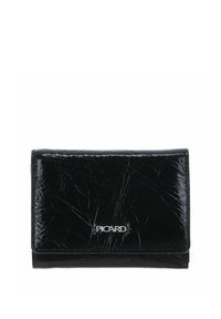 Portefeuille noir texturé avec une finition brillante. Comprend un logo argenté sur le devant, un design pliable et une forme compacte pour le rangement.