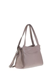 Borsa tote in pelle di un tenue malva con superficie testurizzata, doppie maniglie e una tracolla lunga regolabile. Presenta un accento con logo in argento.