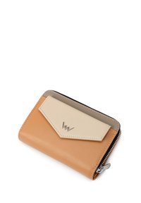 Tan and beige leather wallet with a zip closure, featuring a triangular flap, silver logo accent, and smooth texture.
