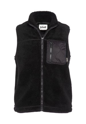 Chaleco negro sin mangas de forro polar con cremallera frontal y bolsillo en el pecho con cremallera, hecho de tela acolchada, con etiqueta de la marca Schott en el interior del cuello.