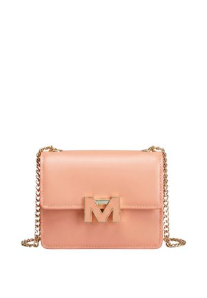 Small rectangular peach leather handbag with gold chain strap and a gold "M" clasp closure on the front flap.