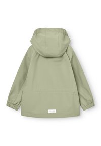 Ανοιχτοπράσινο παιδικό αδιάβροχο μπουφάν με κουκούλα, ελαστικά μανίκια και ετικέτα "Mini A Ture" στο κάτω μέρος της πλάτης.