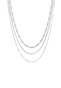 Lănțișoare din argint cu straturi, având diferite stiluri de înlănțuire: curbă, frânghie și cutie. Design elegant cu un finisaj lustruit și o textură netedă.