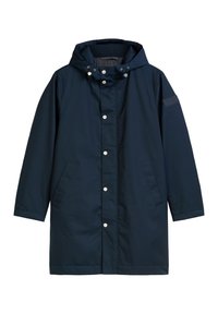 Marineblauwe lange parka met capuchon, zilveren drukknoopjes aan de voorkant, twee zijzakken en koordjes bij de capuchon.