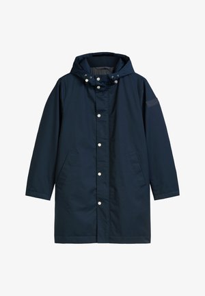 Navyfarbener langer Parka mit Kapuze, silbernen Druckknöpfen auf der Vorderseite, zwei Seitentaschen und Kordelzügen an der Kapuze.