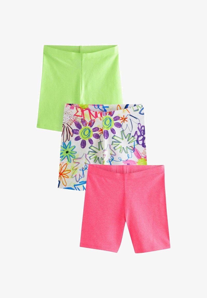 Tres pares de pantalones cortos: verdes brillantes, rosas y un par blanco con diseños florales coloridos. Todos son de algodón elástico con una cinturilla elástica.
