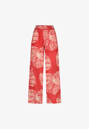 Red wide-leg pants featuring a cream floral pattern, made of lightweight fabric. The waistband has an elastic drawstring for adjustable fit.