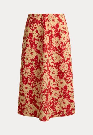 Μίντι φούστα με μπεζ λουλουδένιο σχέδιο σε κόκκινο φόντο, με ελαφριά φούστα και ομαλή υφή υφάσματος.