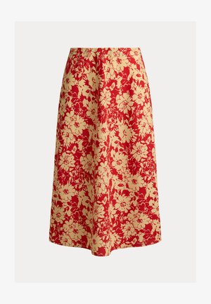 Μίντι φούστα με μπεζ λουλουδένιο σχέδιο σε κόκκινο φόντο, με ελαφριά φούστα και ομαλή υφή υφάσματος.