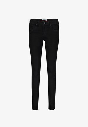 Sorte skinny jeans lavet af blødt denim, med et klassisk fem-lomme design, bæltestropper og lukning med knap fortil.