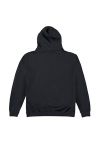 Felpa nera con cappuccio, polsini e vita a costine. Tessuto morbido, design minimalista senza grafiche e retro semplice.
