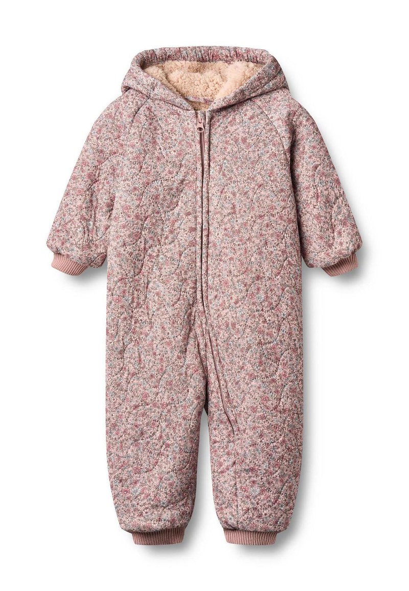 Quilted pink outer fabric with a soft, cream fleece lining. Features a hood, front zipper, and ribbed cuffs. Full-body design for warmth.