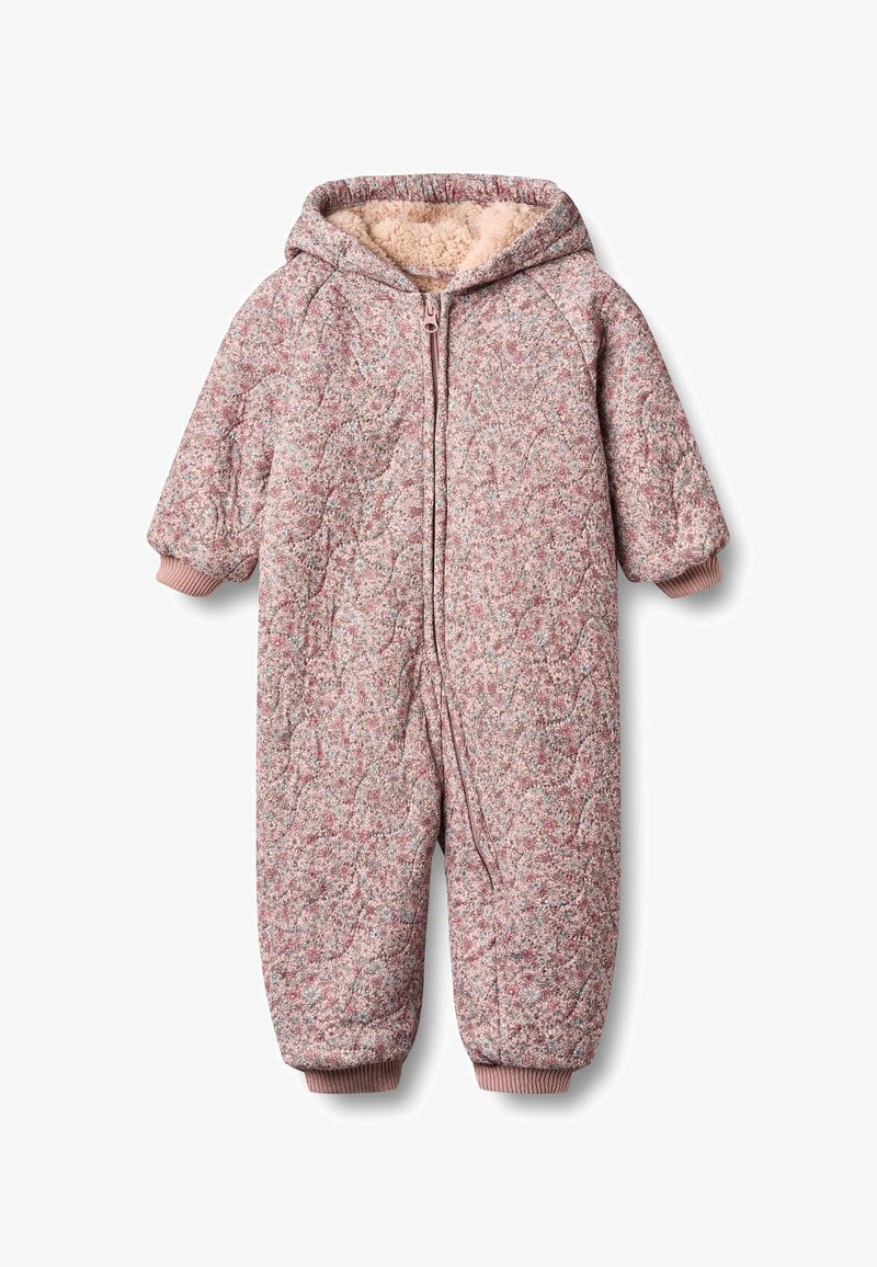 Quilted pink outer fabric with a soft, cream fleece lining. Features a hood, front zipper, and ribbed cuffs. Full-body design for warmth.