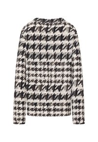 Langärmliges Oberteil mit Hahnentrittmuster in Schwarz, Grau und Beige, mit rundem Ausschnitt und strukturierter Stoffqualität.