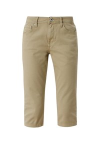 Shorts beige arrivant aux genoux avec bouton avant, fermeture éclair, et cinq poches, confectionnés en tissu lisse.