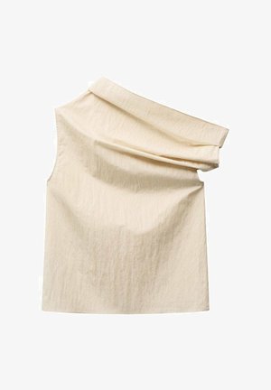 Kremowy bezrękawnik z asymetrycznym dekoltem w kształcie drapowanej kołnierza. Wykonany z teksturowanej tkaniny, charakteryzuje się miękkimi, płynącymi liniami i luźnym krojem.