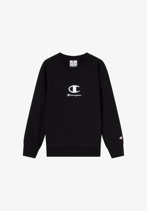 Czarny bawełniany sweatshirt z długimi rękawami, okrągłym dekoltem i białym logo Champion na piersi. Ściągacze przy mankietach i na dole. Prosty, klasyczny design.