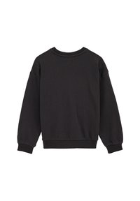 Fekete pulóver puha anyagból. Kerek nyakkivágással, hosszú ujjakkal, bordázott mandzsettával és széles bordázott aljjal rendelkezik.