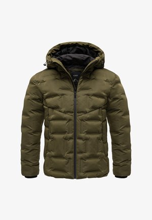Olive green puffer jacket with a hood, zip closure, quilted texture, and black inner lining. Features elastic cuffs and a structured design.