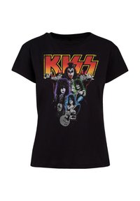 Black cotton t-shirt featuring a graphic print of the band KISS in bright colors, with concert poses and a guitar design.