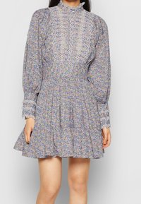 Žena v květinových šatech s krajkovými detaily na vysokém límci, na prsou a na manžetách, a s nabranou, rozšířenou sukní.