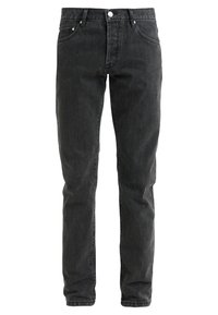 Black denim jeans with a slim fit, five-pocket design, visible stitching, and a button closure at the waist. Soft texture, minimal fading.