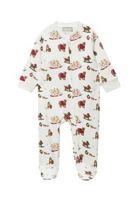 Body blanc orné d'un motif ludique d'ours et d'autres animaux dans des scènes hivernales. Confectionné en tissu doux avec des manches longues et un design pieds couverts.