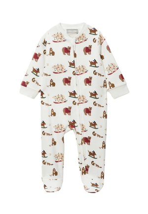 Body blanc orné d'un motif ludique d'ours et d'autres animaux dans des scènes hivernales. Confectionné en tissu doux avec des manches longues et un design pieds couverts.