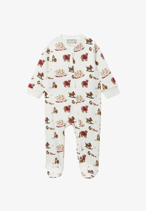 Body blanc orné d'un motif ludique d'ours et d'autres animaux dans des scènes hivernales. Confectionné en tissu doux avec des manches longues et un design pieds couverts.