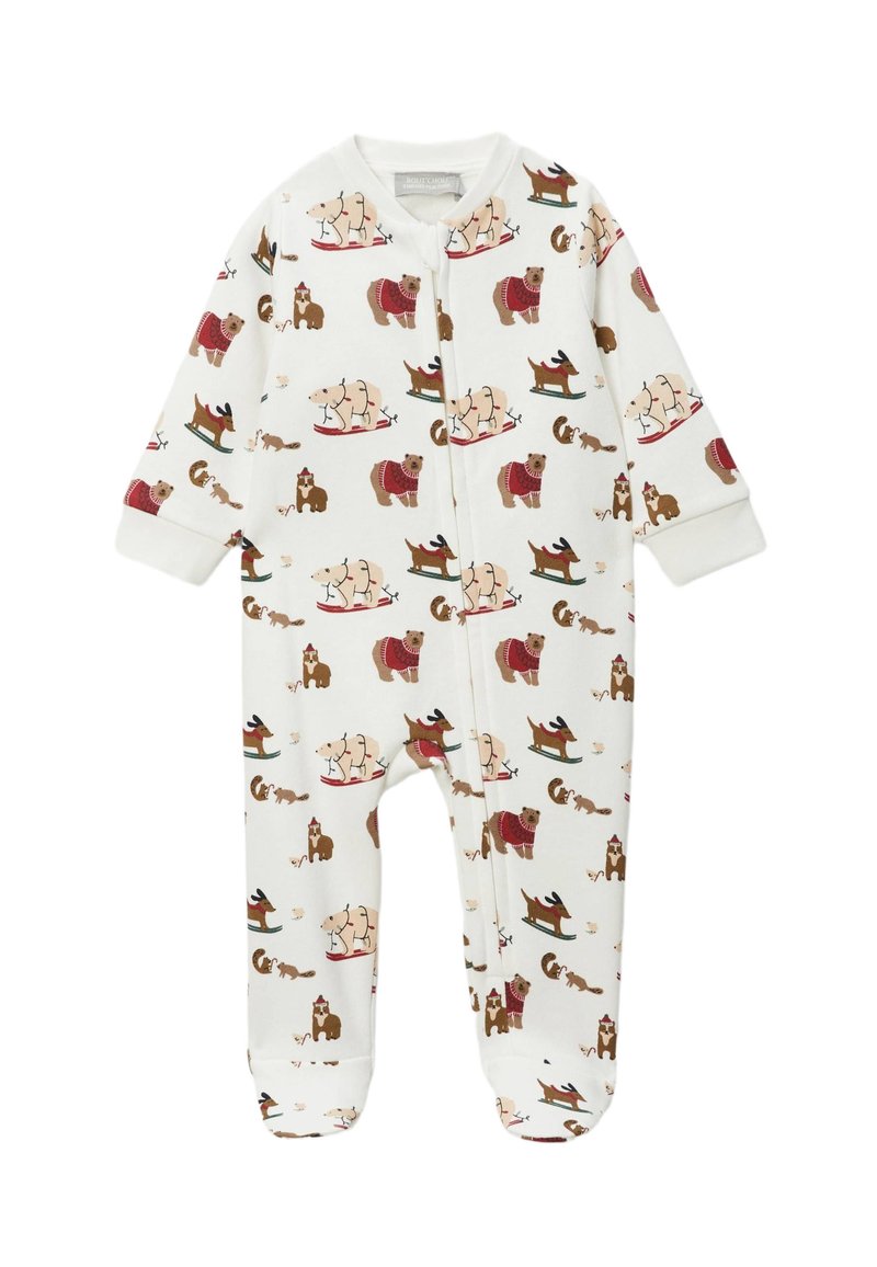 Body blanc orné d'un motif ludique d'ours et d'autres animaux dans des scènes hivernales. Confectionné en tissu doux avec des manches longues et un design pieds couverts.